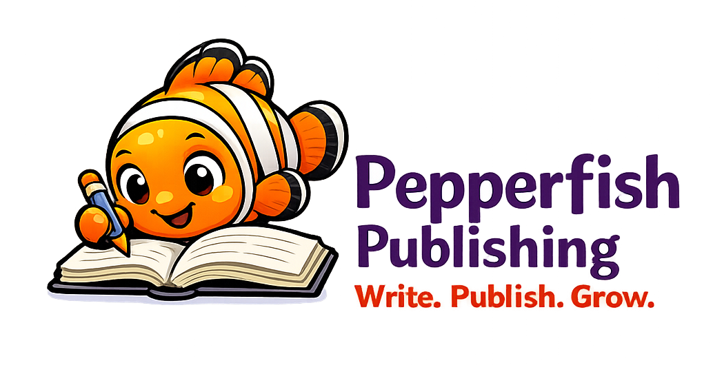 Pepperfish Publishing logo featuring a cartoon fish writing in a book with the tagline “Write. Publish. Grow.”