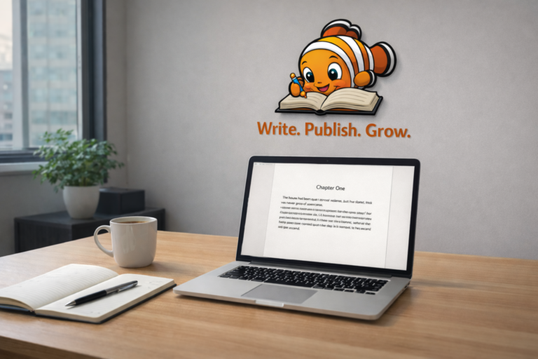 Author workspace with laptop displaying a manuscript draft, notebook, and coffee on a desk