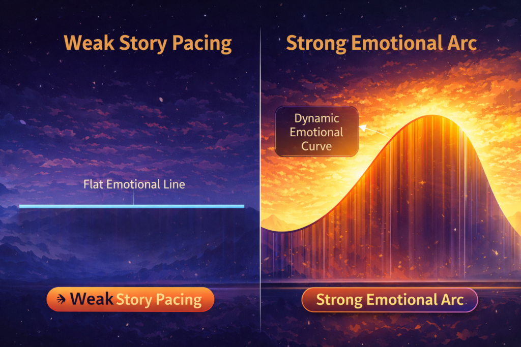 comparison of weak story pacing and strong emotional arc in storytelling